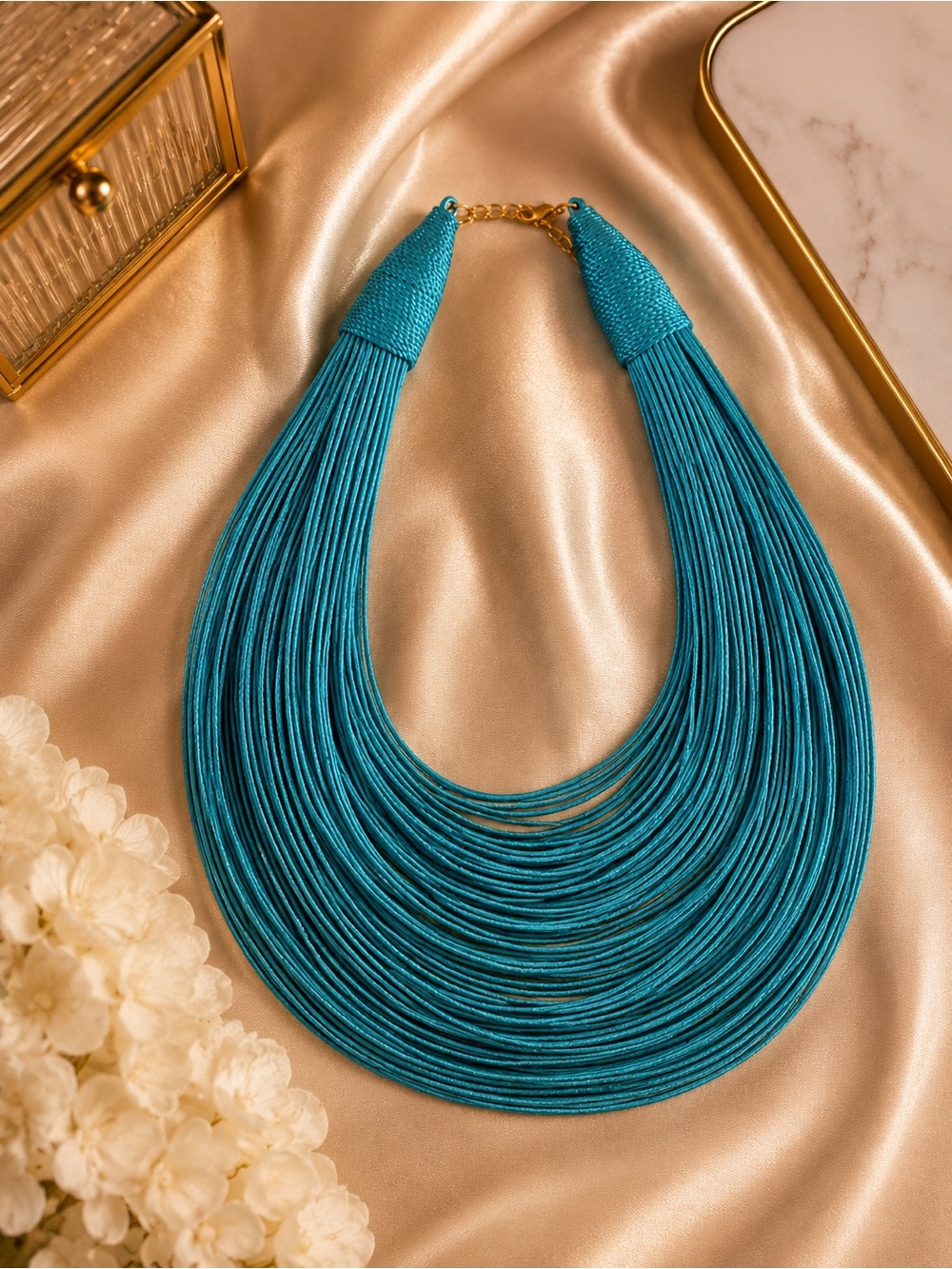 Turquoise Multi Strand India Silk Thread Boho Luxe Bib Statement Necklace